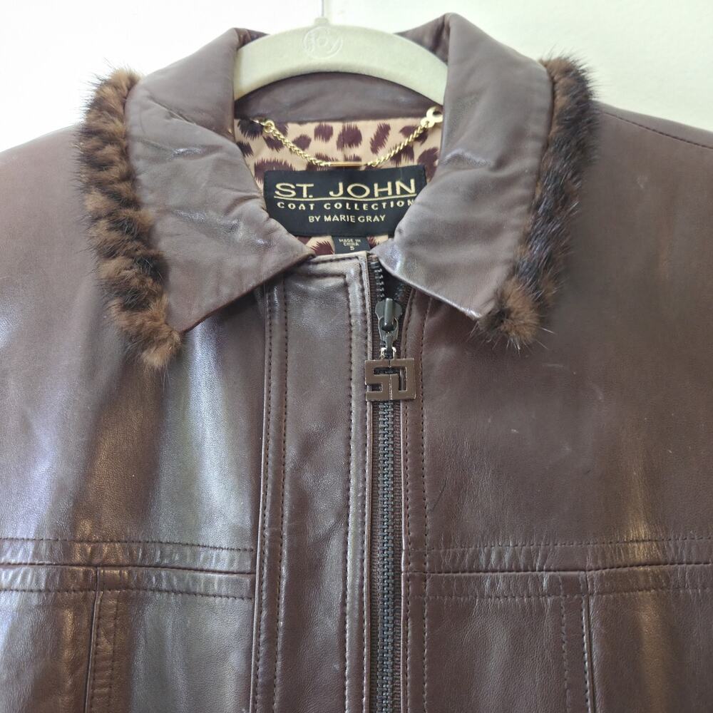 St Saint John Marie Gray Leather Mink Trimmed Jacket Full Zip Satin Lined Sz S - Picture 3 of 13